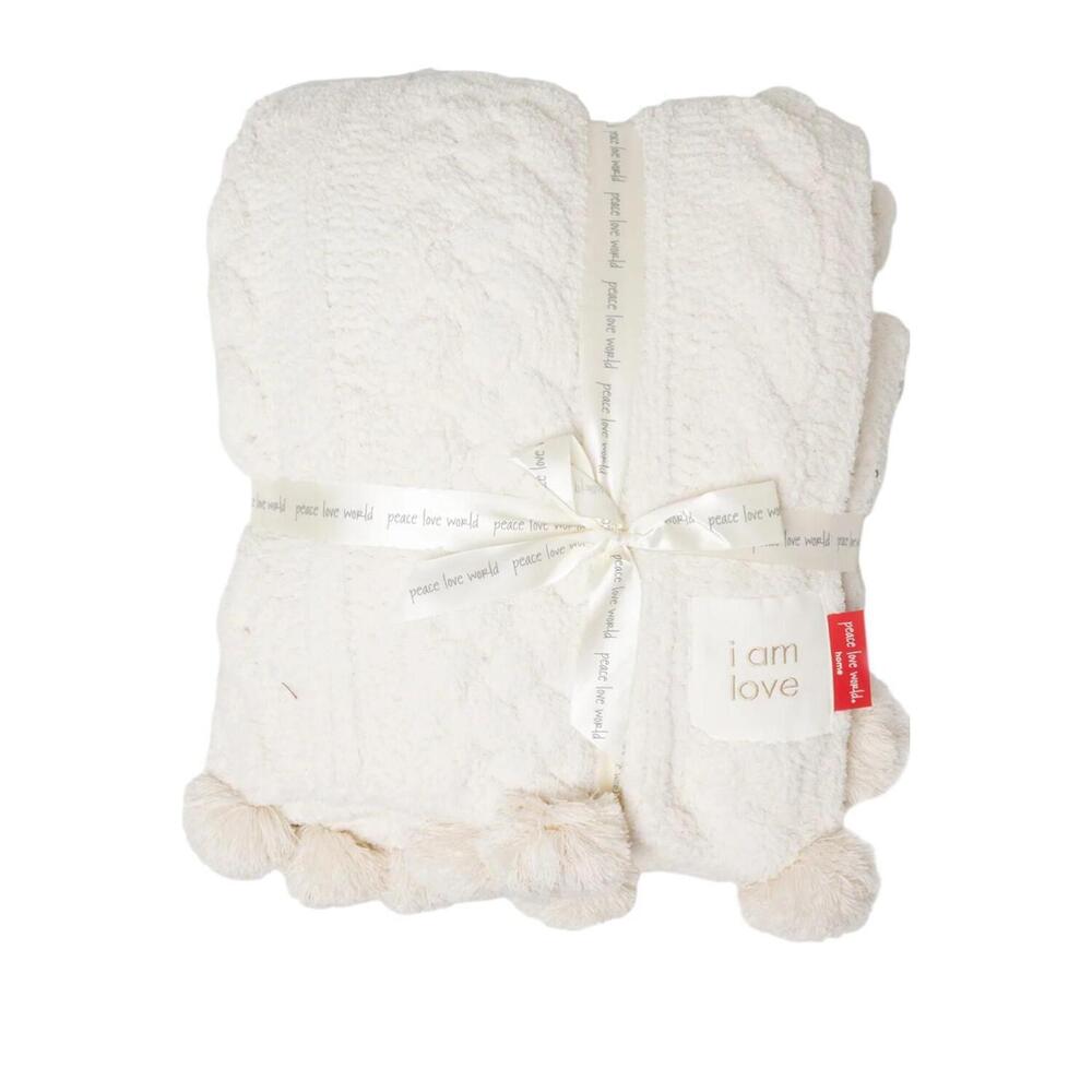 Peace Love World 70x60 Pom Pom Cable Knit Blanket Pristine Ivory